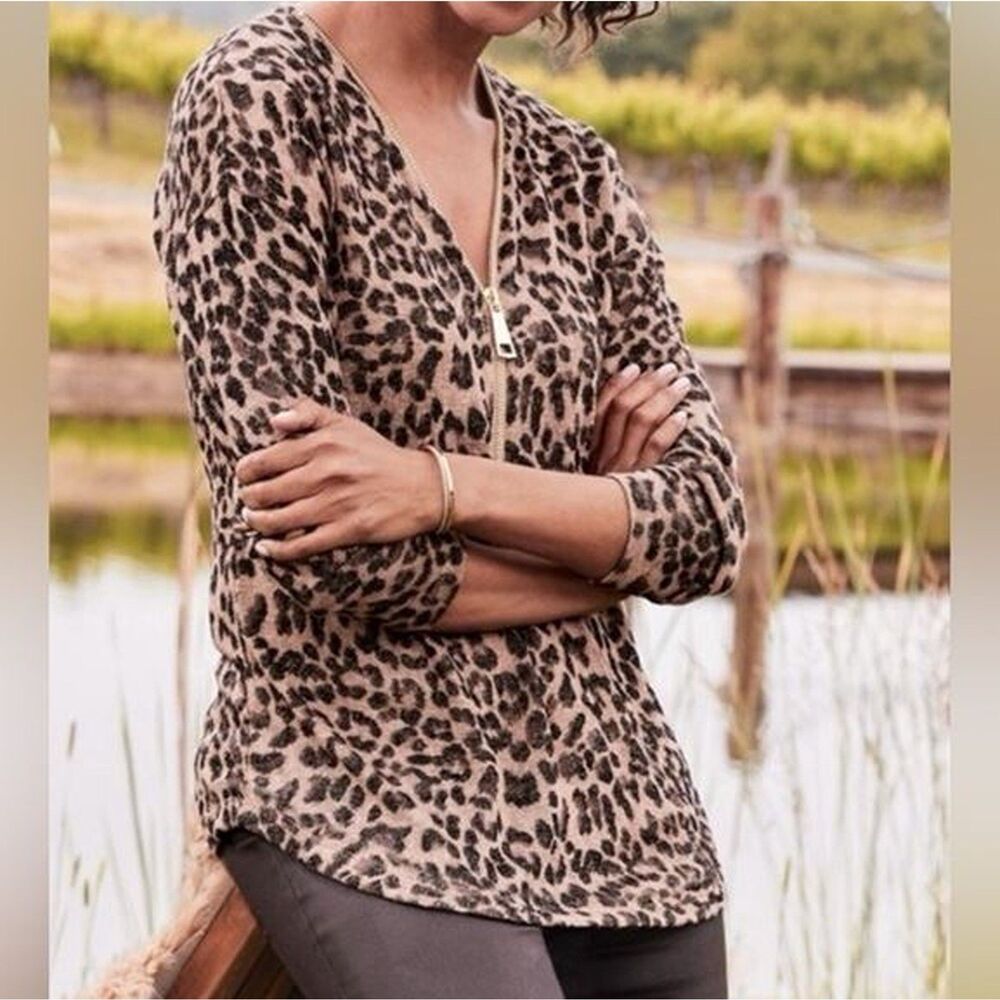 Soft Surroundings Zipper V Neck Sweater Size M Lightweight Animal Print Brown
